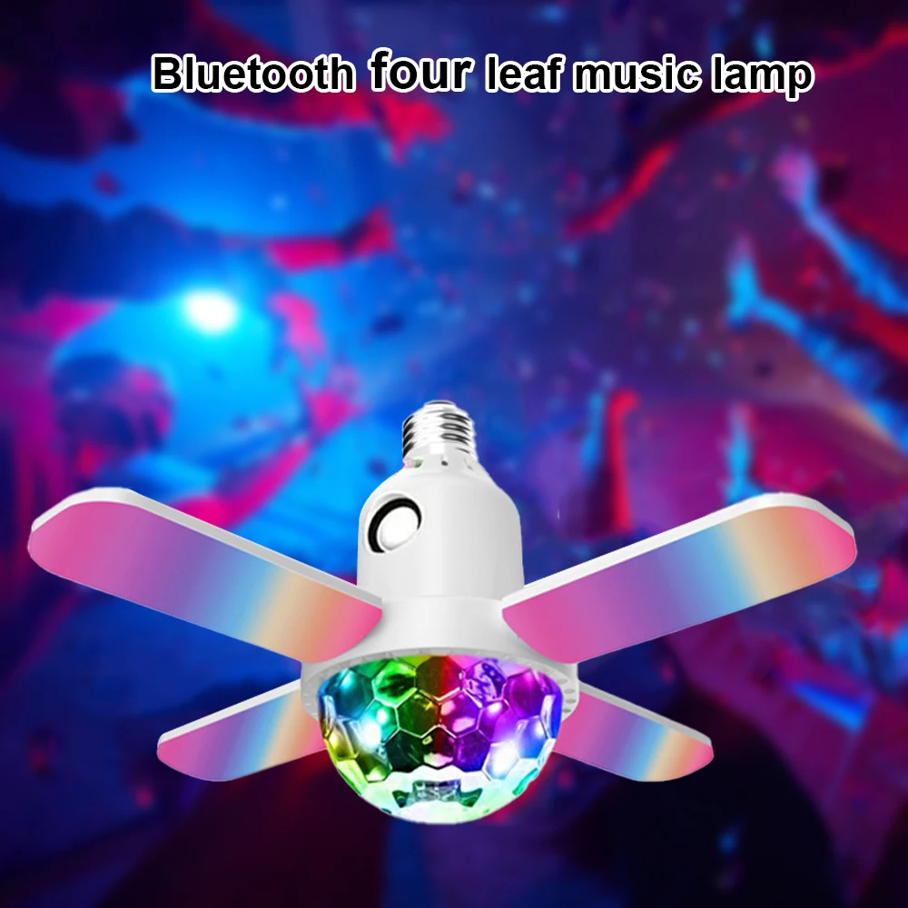 LED E27 Bulb Ceiling NightLight Colorful 4-Leaves Music Bluetooth Audio Folding Disco Floodlight with Remote Control for Bedroom