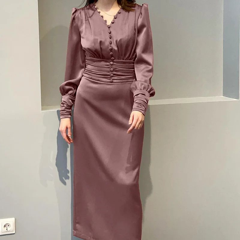 Robe taille haute en satin pour femme, jupe longue élégante, col en V, coupe couvertes, simple boutonnage, robe de soirée moulante, tempérament