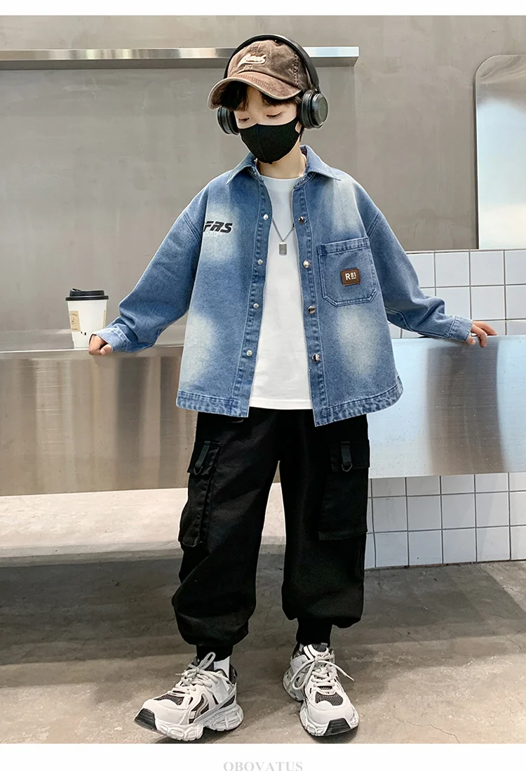 Kinder Mode Vintage Blaues Jeanshemd für Jungen Langärmeliges Baby-Bluse mit Tasche Teenager Frühling Herbst Kleidung Jeanshemd – Detail 8