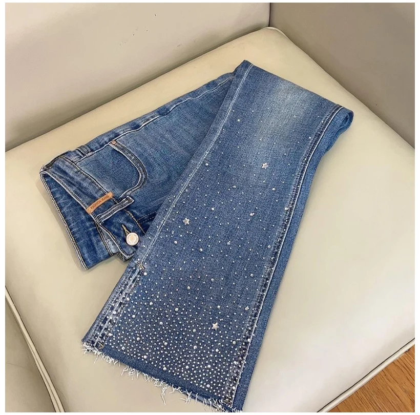 

Bright Diamond Flared Pants For Women Blue High Waisted Stretch Cropped Jeans 2025 Spring Summer Slim Fit Denim Trousers