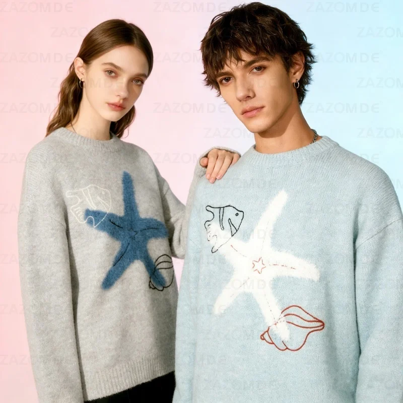 

ZAZOMDE Playful Cartoon Starfish Knit Sweater For Adults Fun Graphic Design Lightweight Yarn Made Pullover Happy Casual Style