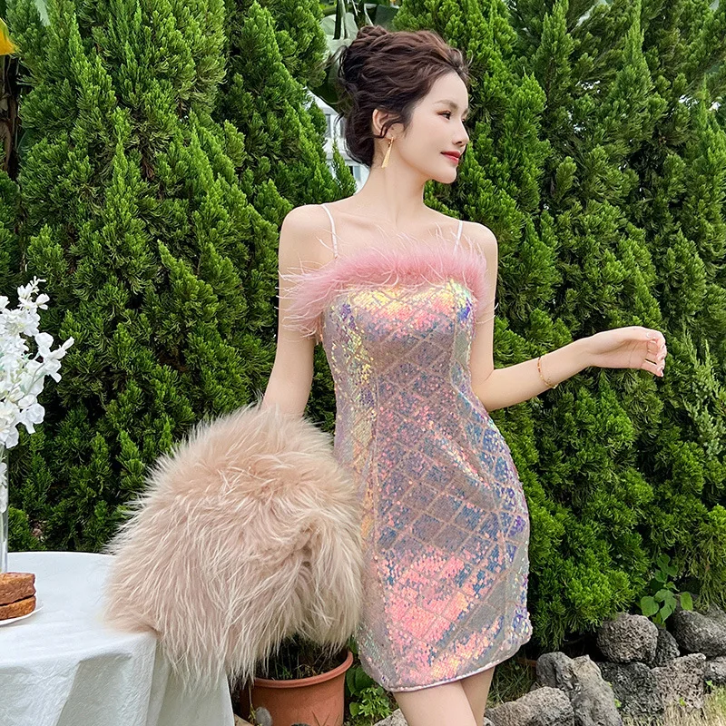 Autumn and Winter Clothing New Atmosphere Furry Tube Top Sequined Sheath Dress Inner Strap for Women