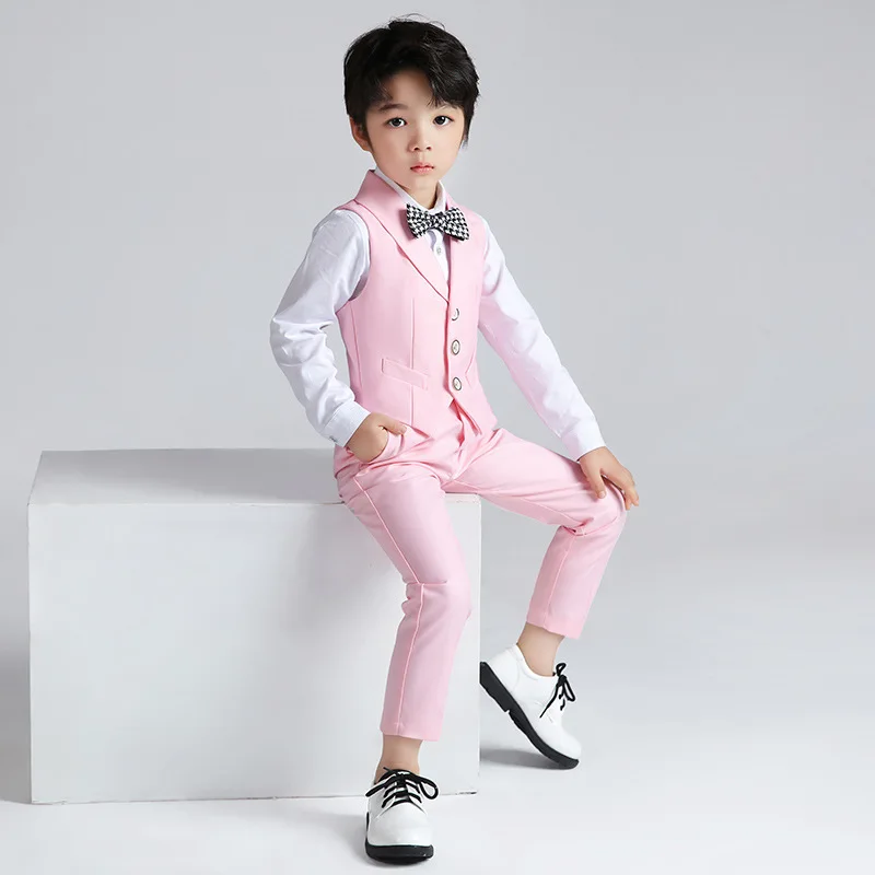 Boy Candy Color Vest Kids Waistcoat Wedding Clothes Set Toddler Formal Dress Suits Child BowTie Shirt Pant Baby Gentlemen Outfit