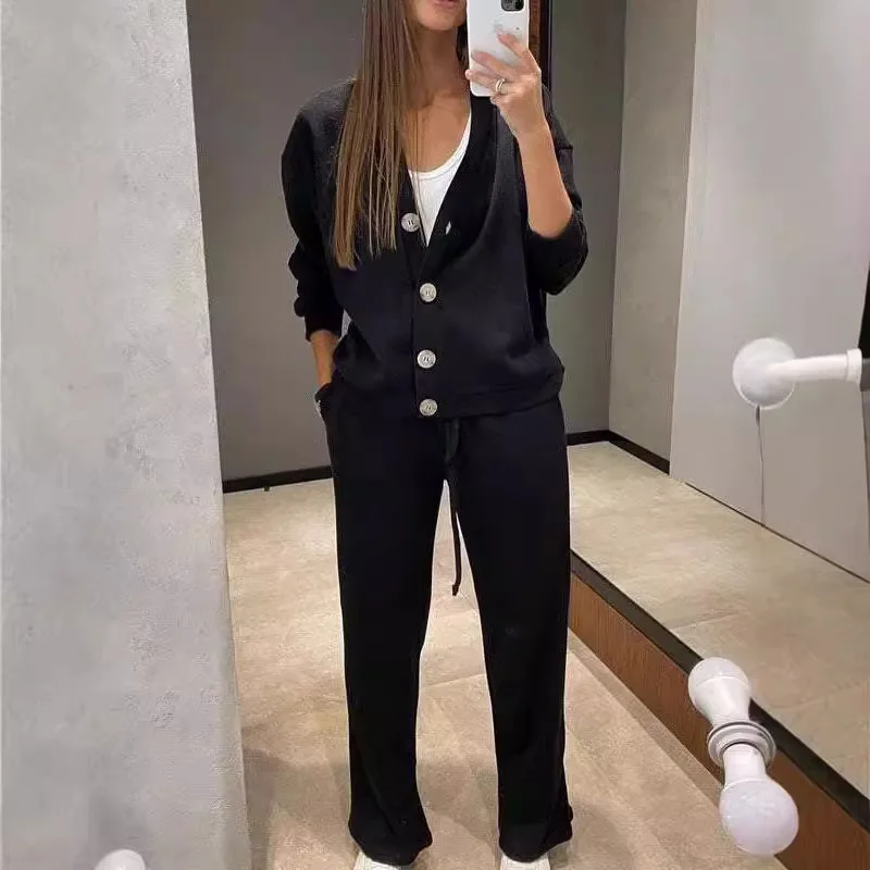 Solid Sports Comforty Casual Two Piece Set Women Spring V Neck Button Top Jacket & Sweatpant Outft Fall Long Sleeve Suit 2024