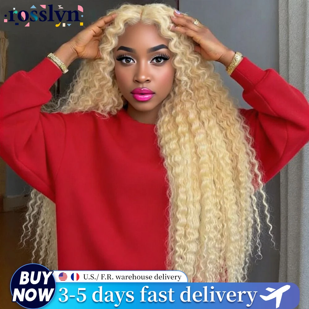 Peluca de cabello humano brasileño rubio miel 613 de 38 pulgadas con ondas profundas, peluca frontal de encaje HD 13x6 y peluca de ondas de agua rizadas 13x4, pre-arrancada para mujeres afroamericanas.