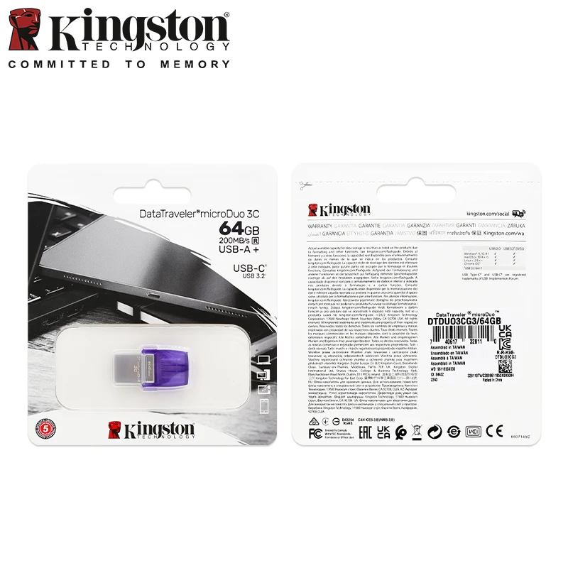 محرك أقراص فلاش USB3.2 Gen1 من Kingston Type-C 256 جيجابايت 128 جيجابايت 64 جيجابايت DTDUO3CG3 ما يصل إلى 200 ميجابايت/ثانية محرك أقراص عالي السرعة للهاتف والكمبيوتر