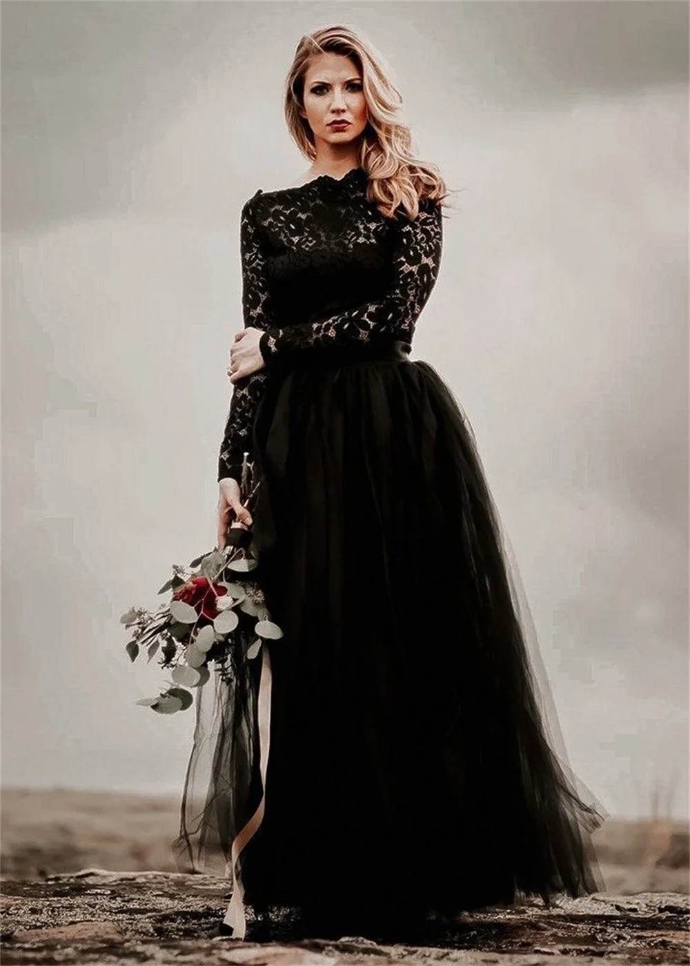 Amanda فساتين مناسبة رسمية Gothic Prom Dress 2023 Long Sleeve Lace Embroid Wedding Dress Black Tulle A-line Vestidos De Noche