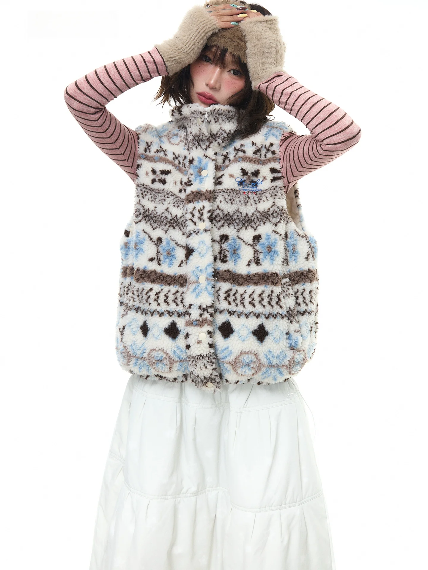 

Женский свободный жилет Astrsk в корейском стиле с воротником-стойкой, винтажный, с узором Fair Isle, из овечьей шерсти, на молнии, зимняя модная женская одежда