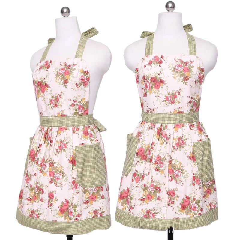 

Floral Parent-Child Apron with Pockets Cotton Hanging Neck Bib Aprons for Kitchen Accessories Women and Little Girls Cooking