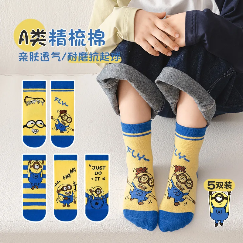 

5 pairs Despicable Me Minions Animation Kawaii Cartoon Children's Pure Mid-calf Socks Student Comfortable Combed Cotton Socks