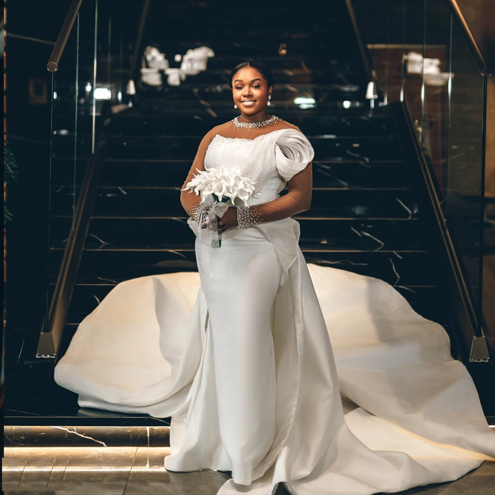 

Customized African Full Sleeve Wedding Dress O-Neck Satin Beaded Luxury Bride Gowns For Black Women Mermaid vestidos de novia