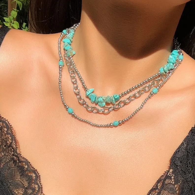 3pcs/set Beads Western Country Necklaces Ethnic Style Clavicle Chain Multilayer Turquoise Chain Versatile Trendy Beach Chokers