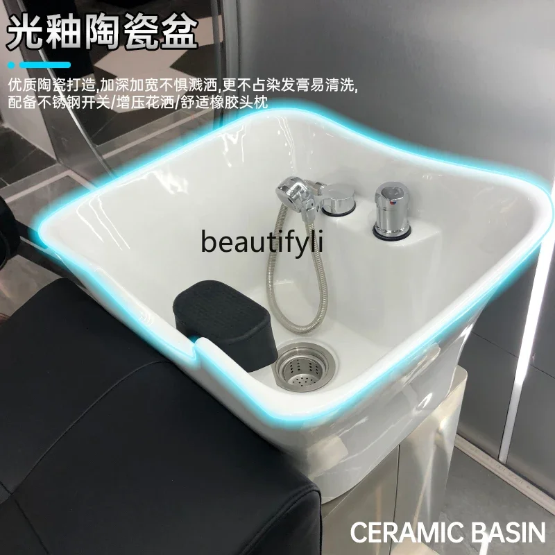 Barbiere Poltrona per shampoo Lettino automatico per salone di massaggio Lettino per parrucchiere Lavabo in ceramica Letto sdraiato a metà scarico