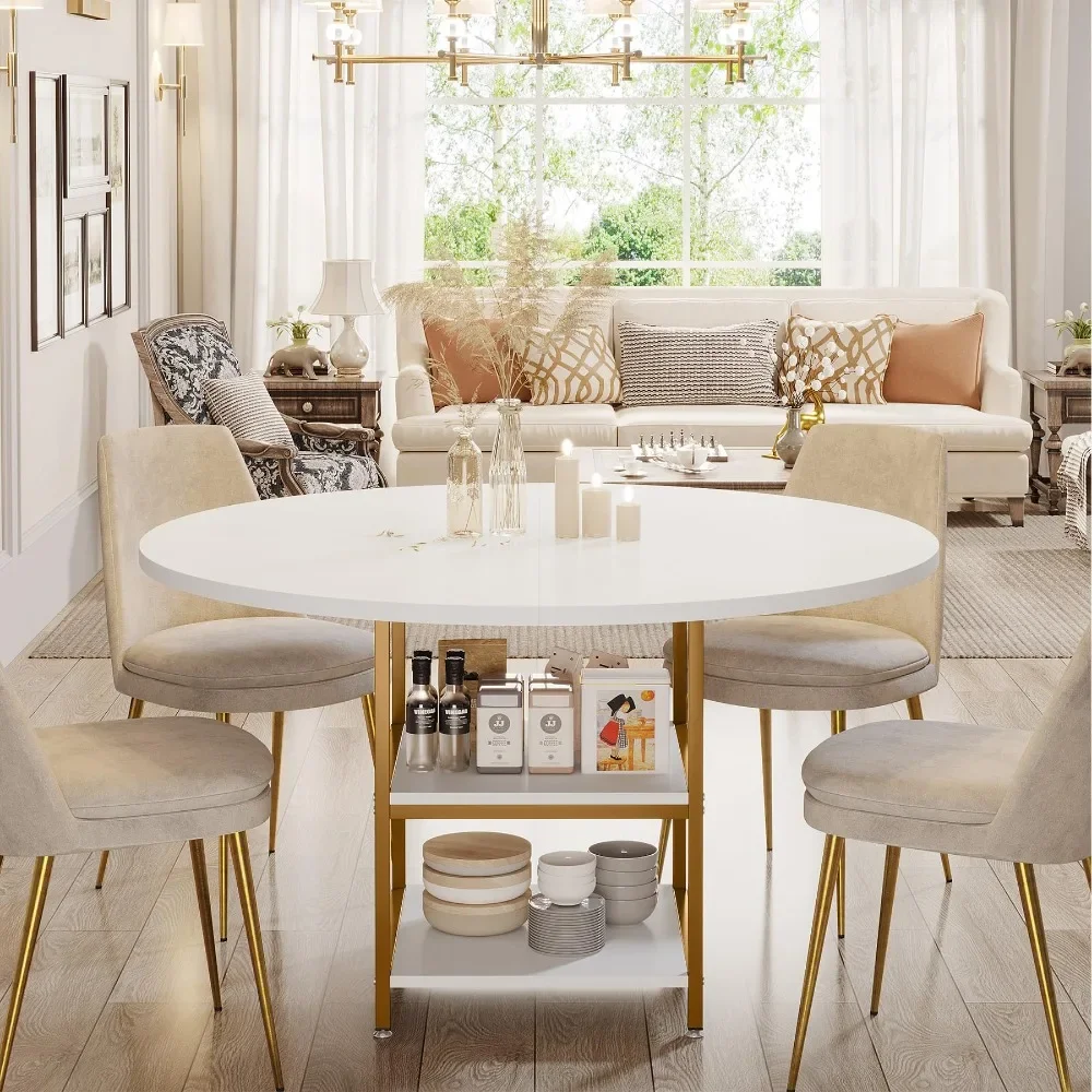 

47 Inches Dining Table for Dining Room, 4 People Round Dinner Table with Storage Shelves for Kitchen(Only Table)