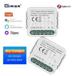 GIRIER Tuya Smart ZigBee Switch Module 5A Dry Contact Universal Breaker Relay DC 12/24V AC 100-240V Works with Google Home Alexa