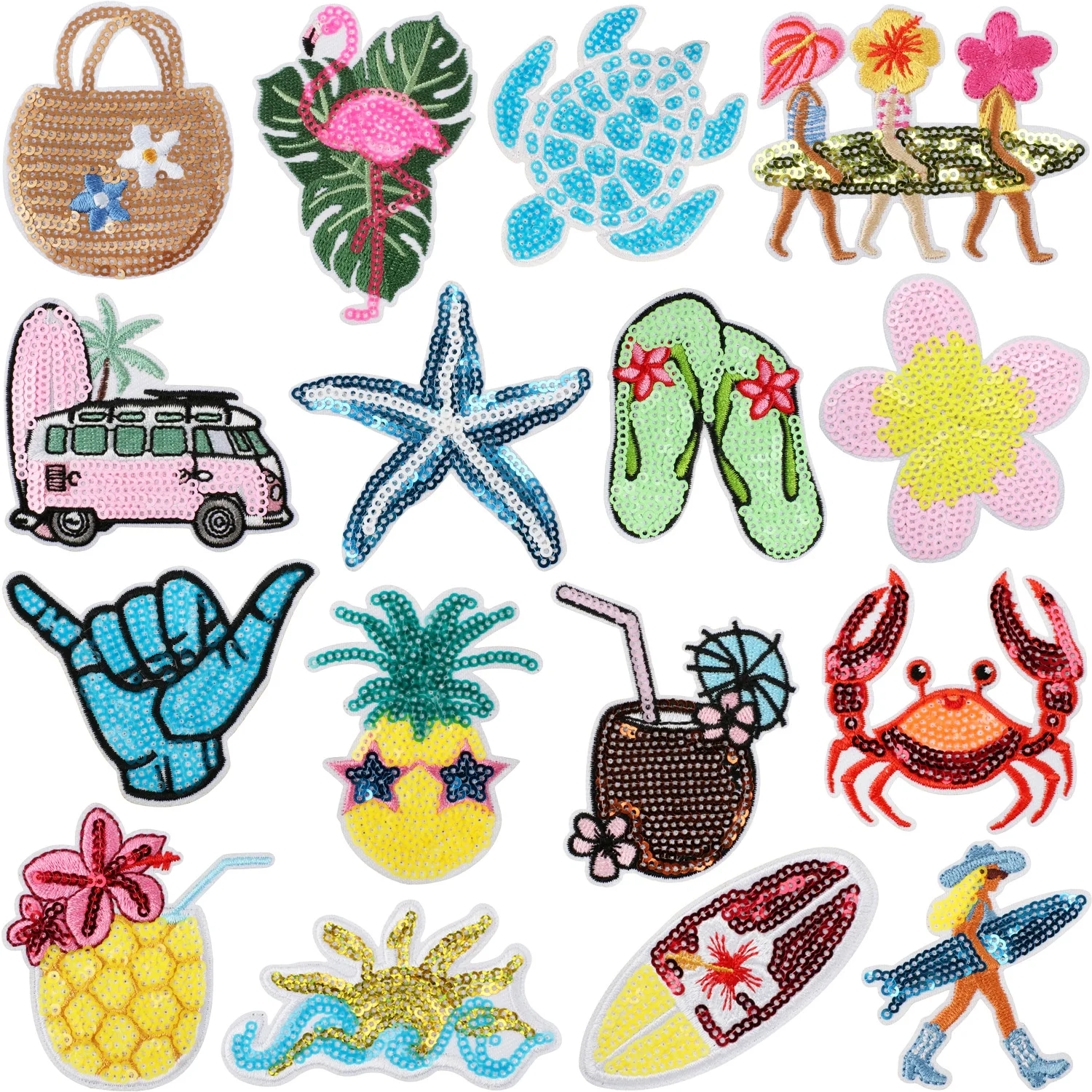 Vacation Beach Embroidered Iron on Patches Sequins Cartoon Wave Shell Patches for Swimsuit Luggage Clothing Decoration