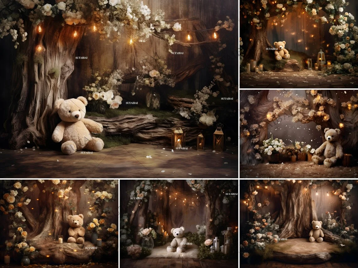 One Year Old Baby Birthday Backdrop Floral Bear in The Woods Children Portrait Photography Background Kids Baby Shower Banner