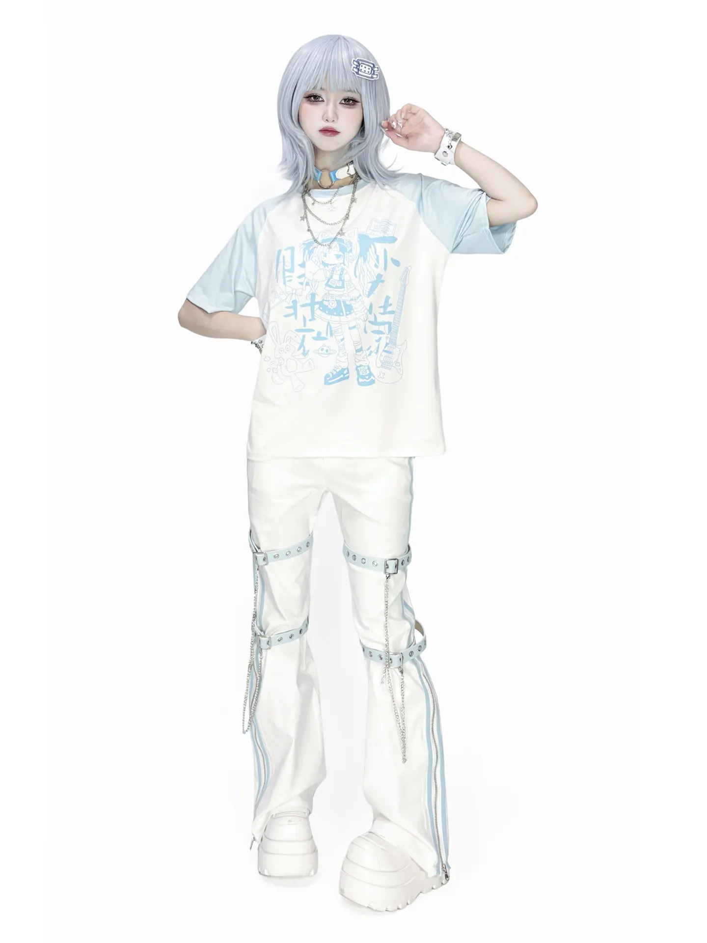 Y2K Gothic Flare Pants White Side Stripe Detachable Thigh Harness Chain Strap Zip Hem Star Embroidery Punk Bootcut Trousers view 5