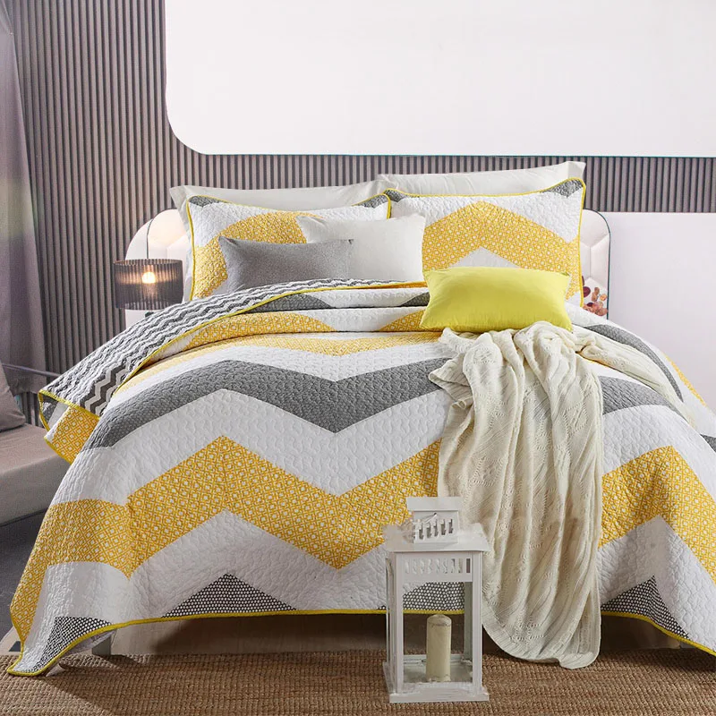 

100% Cotton Quilt Set 3PCS Bedspread on the Bed Striped Patchwork Bed Cover Summer Comforter King Size Quilted Coverlet