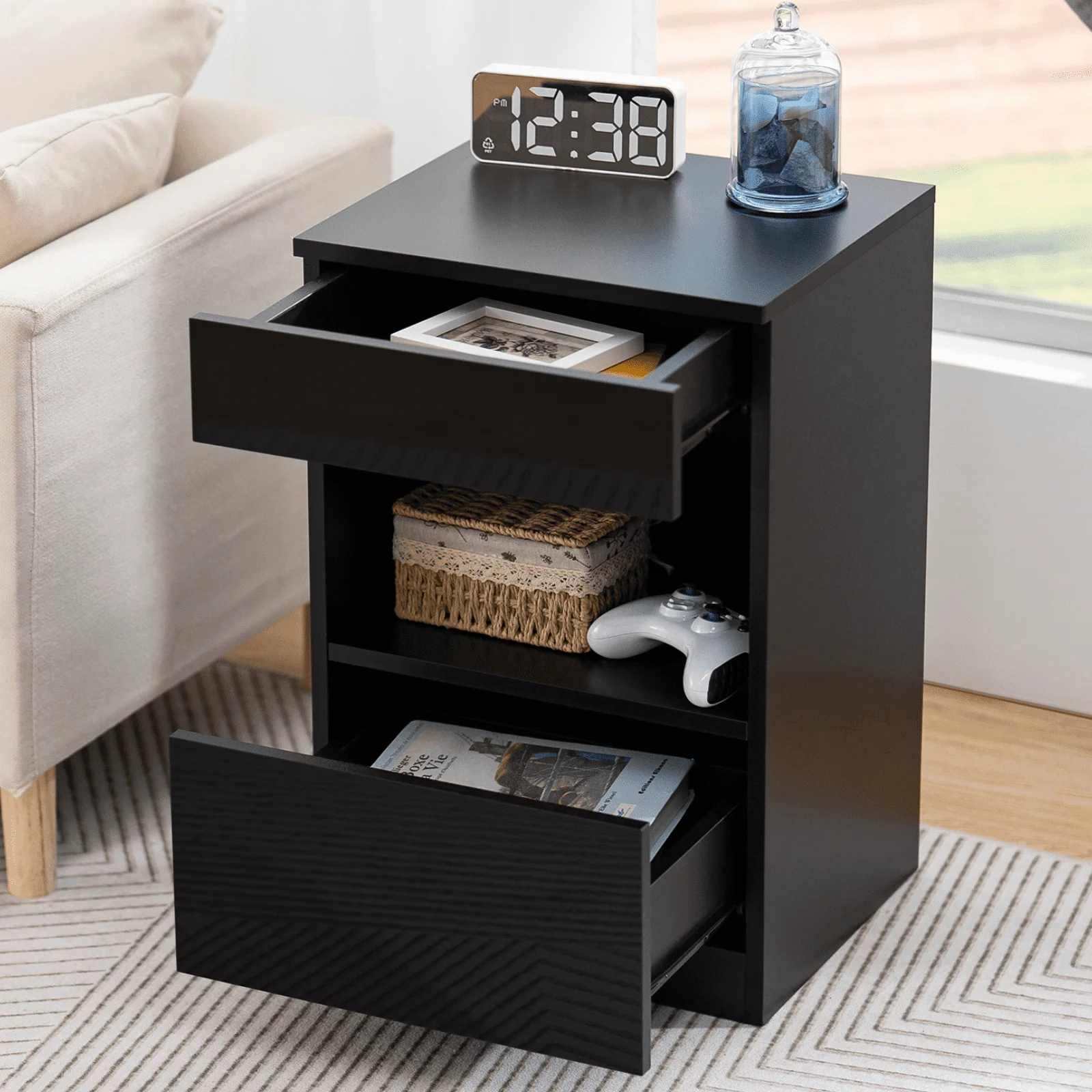 2 Drawer Nightstand Open Shelf Nightstands Bedside Table Modern End Tables Living Room High Gloss Side Table Bedroom Home