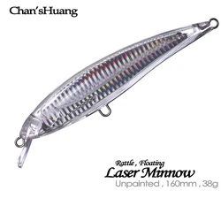 Chan'sHuang 10PCS Unpainted Blanks Bait 16cm 38g Laser Minnow Wire Go Through Body Withstand Higher Tension Fishing Lure