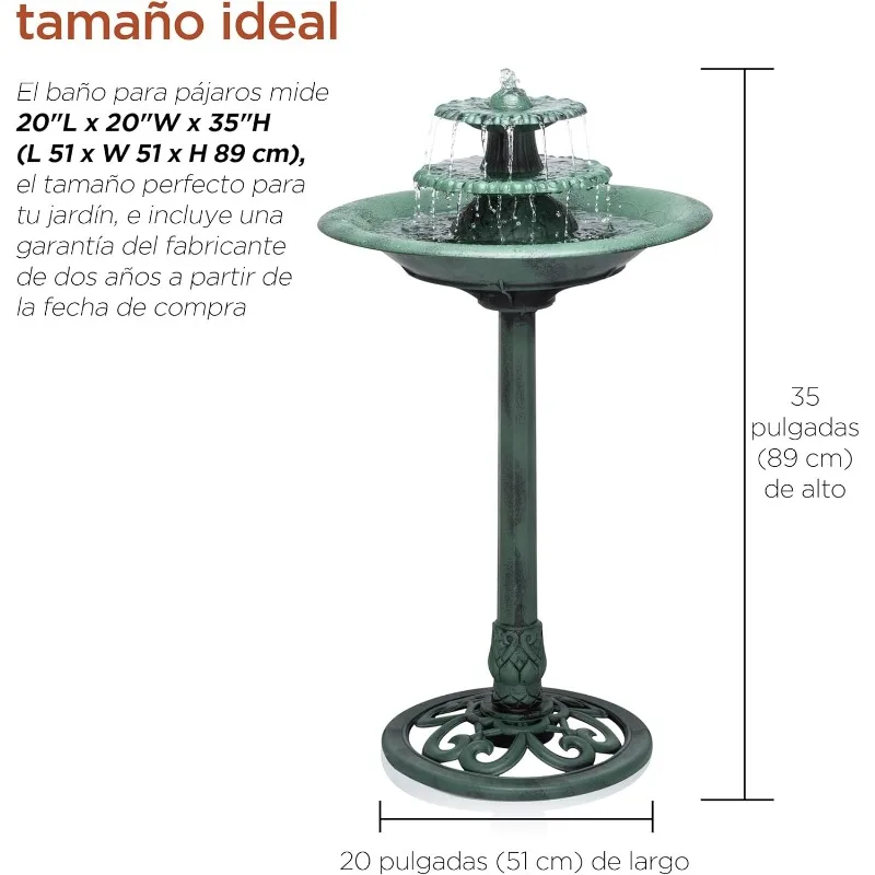 TEC106 Outdoor Floor 3-Tiered Pedestal Water Fountain and Birdbath, Pedestal Waterfall Fountain, Green