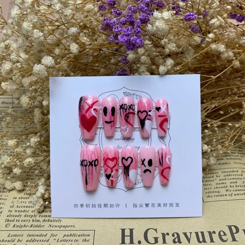 10Pcs Pink Handmade Press On Nails Coffin Reusable Acrylic Decoration Manicure Full Cover Wearable Artificial Nail Tip Art