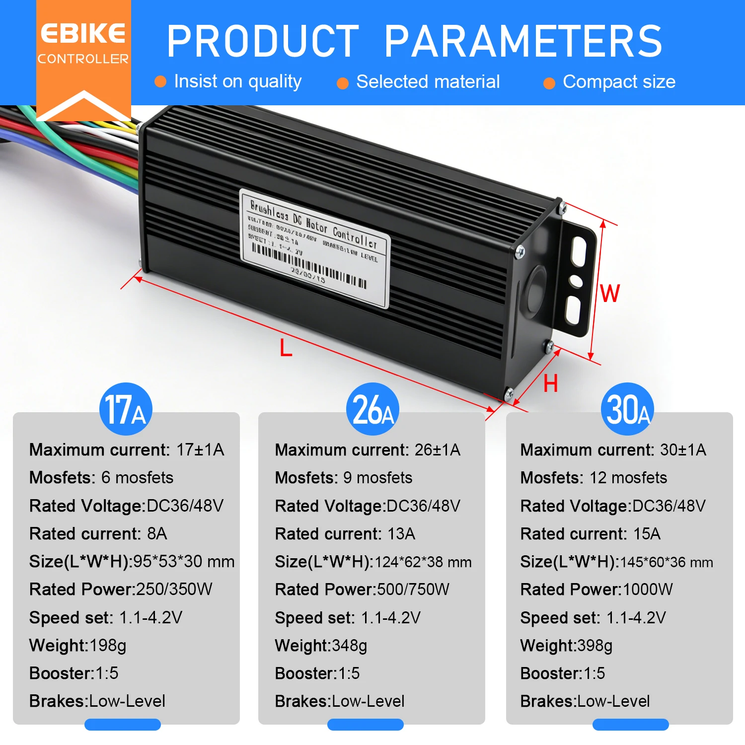 Ebike 17A 26A 30A 60A Three-Mode Sine Wave Brushless Controller with Color LCD S966 NFC Display compatible with 24V 36V 48V