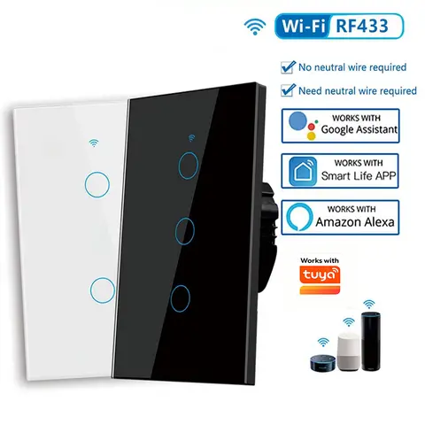 US WiFi Smart Wall Switch Touch Sensor LED Light Switches RF433 1/2/3/4 Gang Works with Tuya Smart Home APP Alexa Google Home