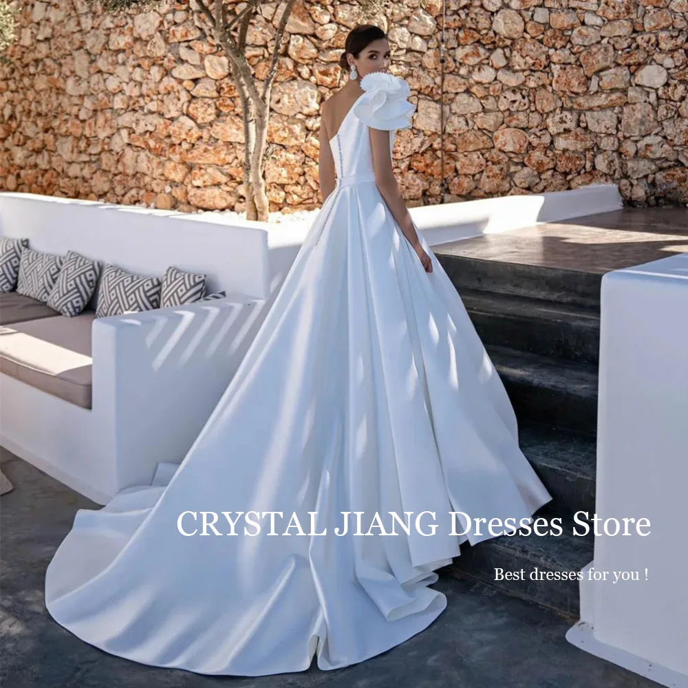 Luxury Long White One Shoulder Beaded Satin Wedding Dresses Sleeveless A Line Sweep Train Vestido De Noiva