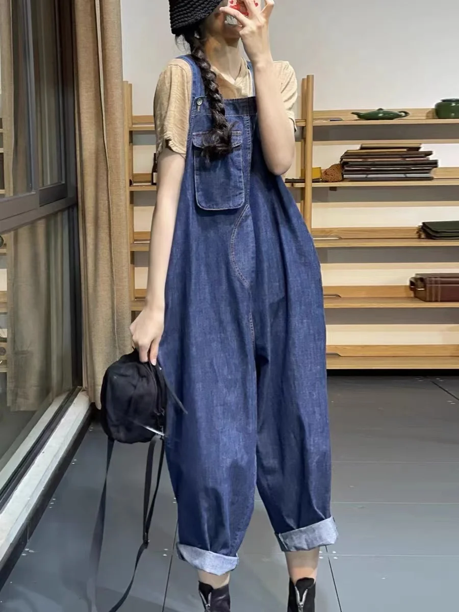 حجم كبير ملابس العمل غير رسمية وزرة الدنيم المرأة الصيف الخريف فضفاضة كبيرة كيت المرقعة بذلة التخسيس بنطال ذو قصة أرجل واسعة