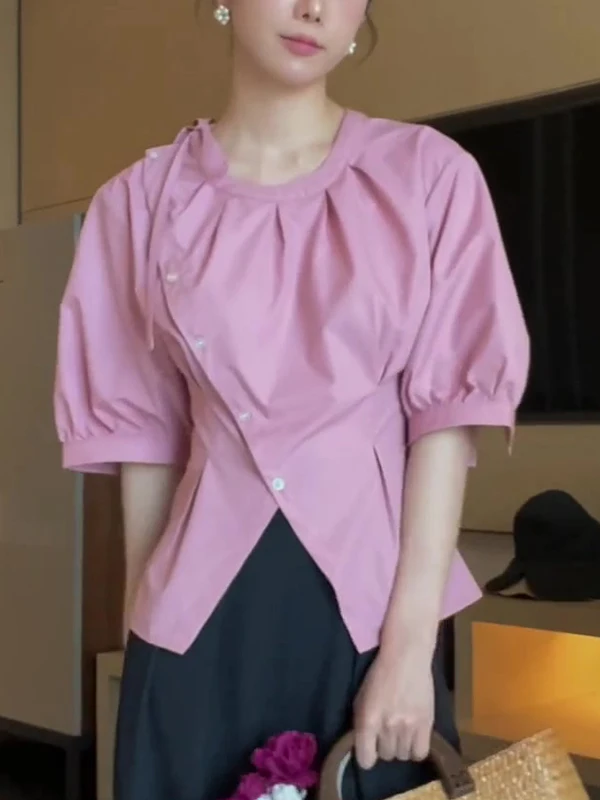 

Летняя розовая асимметричная юбка с круглым вырезом, женская, свободного кроя, с высокой талией, А-силуэт, на одной пуговице, для повседневной носки