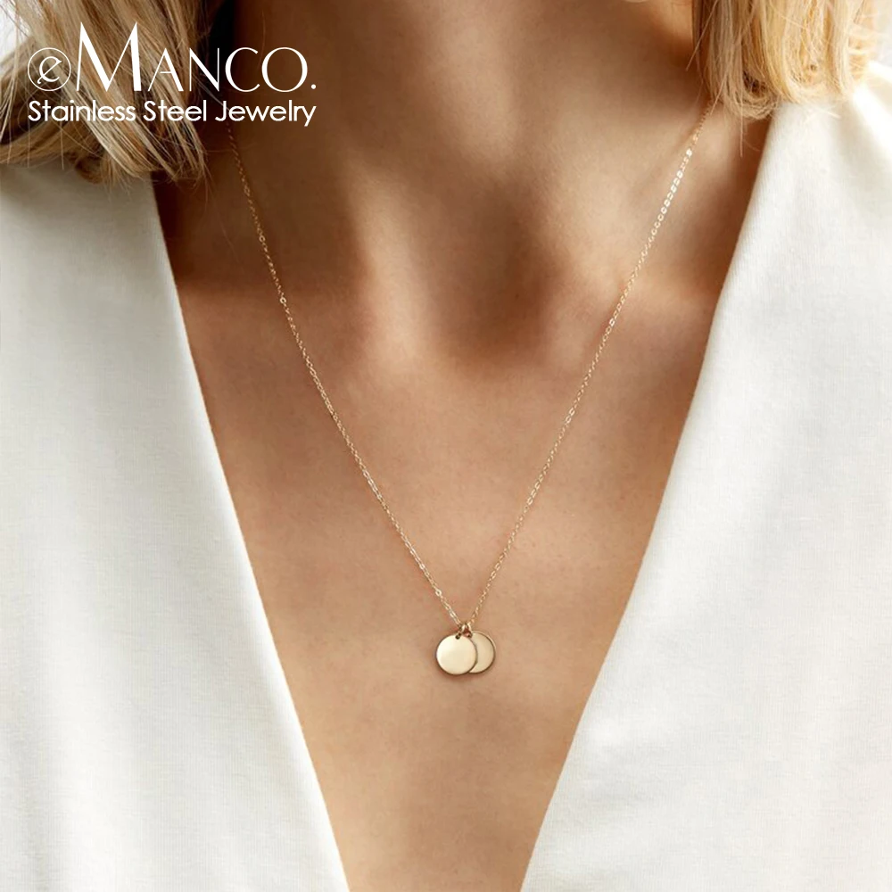 eManco 9mm Polished Round Pendant Coin Necklace Stainless Steel Link Chain Gold Color Smooth Disc Women Jewelry Men Unique