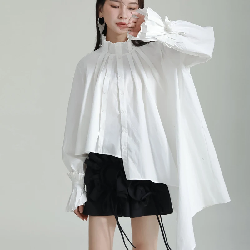 Johnature 2024 Spring Stand Up Collar Draw-out Irregular White Shirts New Long-sleeved Loose Petal Sleeve Women Tops Blouses