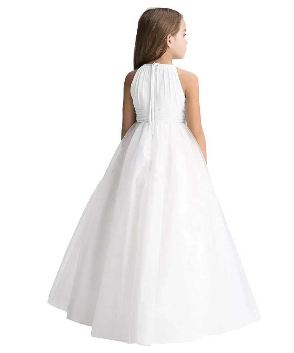 2024 New Style Flower Girl Dress Simple Ivory Chiffon and Netting Halter Ball Gown Junior Bridesmiad  Wedding Guest Party