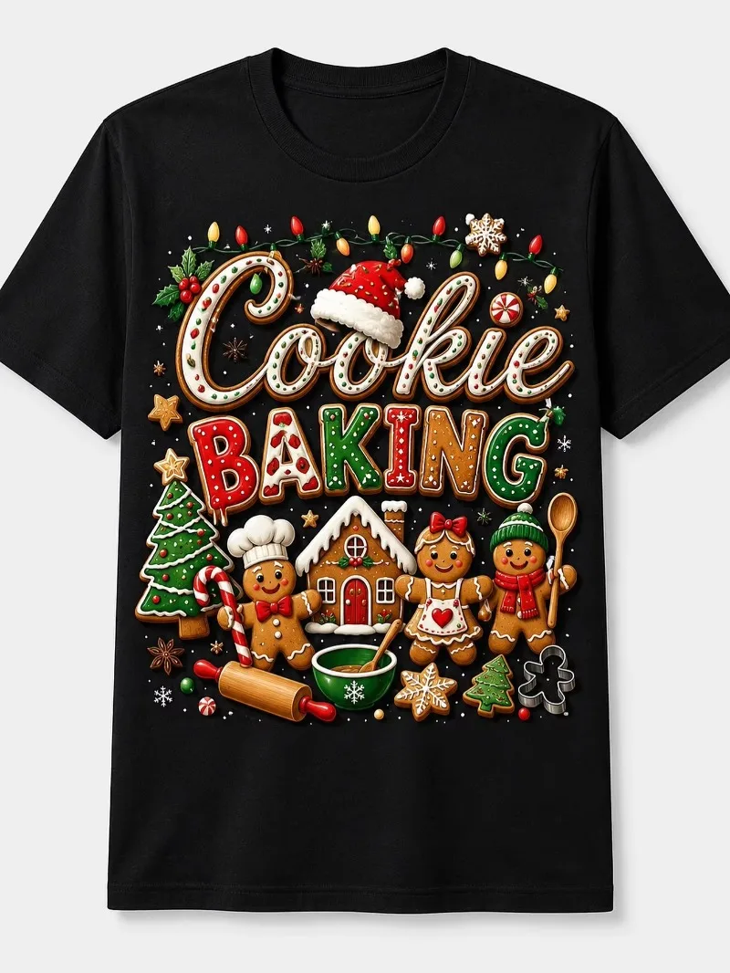 Novelty Christmas Graphic Tshirt Cookie Baking Gingerbread Chef Ginger House Baking Tools Xmas Lights Casual Short Sleeve Tee
