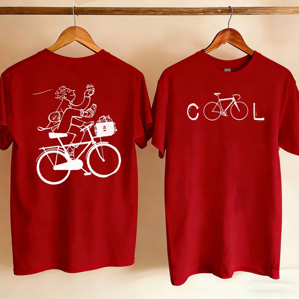 Unisex Double Sided Print Tshirt Cool Bicycle Letter Front Lady Riding Bike with Dog Sketch Back Cotton Casual Cycling Lover Top