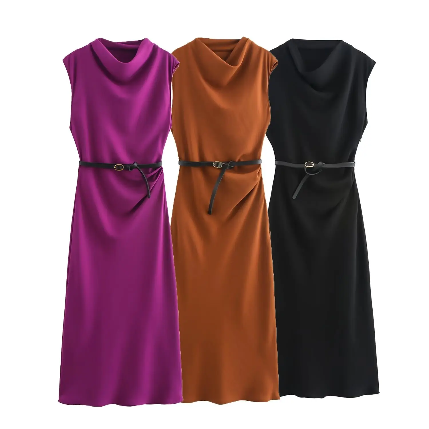 Tangada Women Solid Sleeveless Dress With Belt 2025 Lady Tank Dresses 6X0584