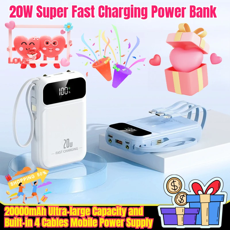 

20W Super Fast Charging Power Bank with 20000mAh Ultra-large Capacity and Built-in 4 Cables Mobile Power Supply