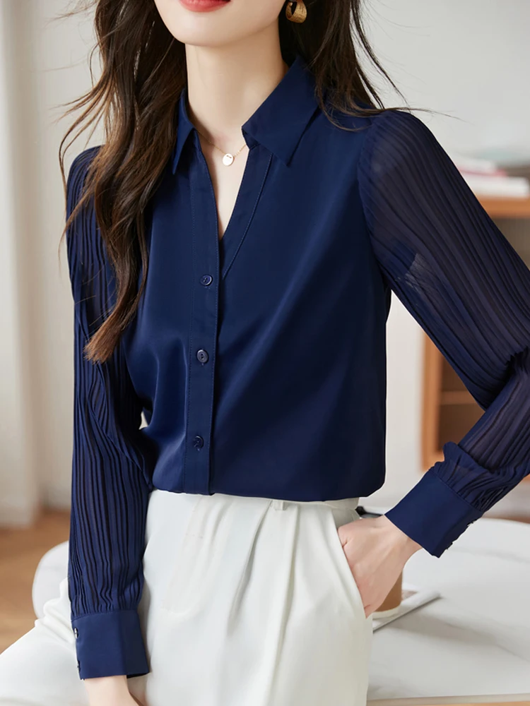 Women\'s Chic Folds Long Sleeve Shirts Elegant French Style OL Office Formal Tops New Fashion Casual Women Blouses 2024 Spring