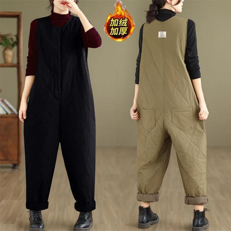 

Однотонный хлопковый комбинезон с ромбами, женский осенне-зимний новый теплый сохраняющий тепло и утолщенные шаровары, свободный уличный комбинезон