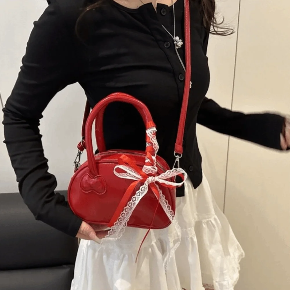 Niche Korean Bow Crossbody Bag Pu Leather Y2k Lace Ribbons Boston Bag Sweet Leisure Commute Handbag Women
