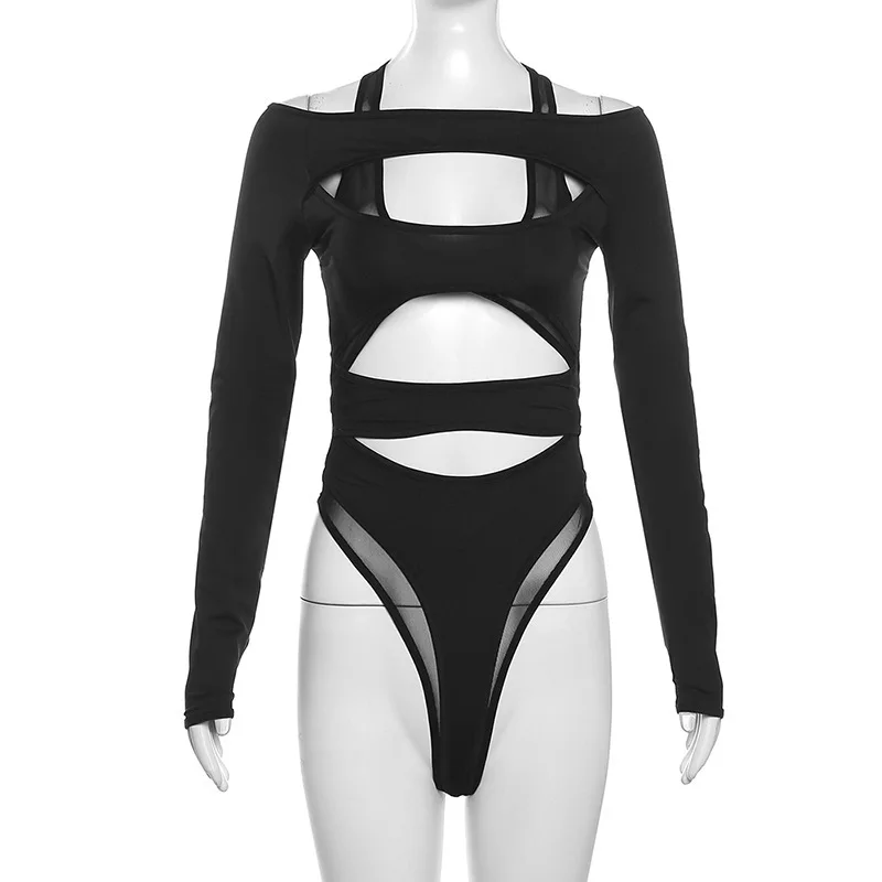 Summer women's new retro Gothic Y2K hollow out sexy tight fitting open navel mesh see through women's long sleeved jumpsuit