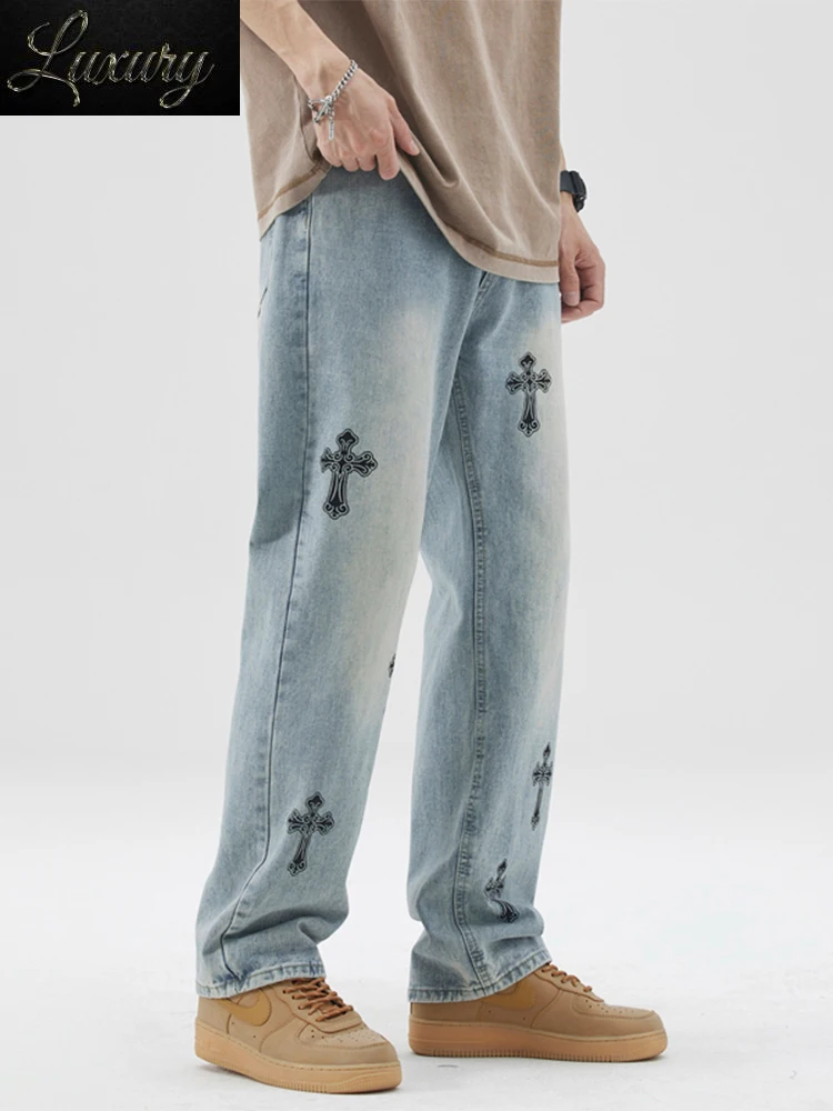 

Spring Summer Blue Cargo Jeans Men Retro Cross Print Streetwear Loose Straight Denim Pants Casual Cotton Wide Leg Jean Trousers