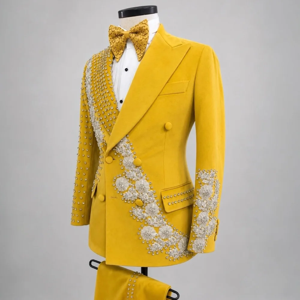 Yellow Beaded Stones Suits Men For Wedding Unique Design Double Breasted Jacket Pants 2 Piece Set Groom Formal Party Tuxedos
