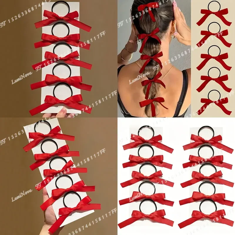 10pcs Women Red Ribbon Bow Hair Ties Elastic Hair Bands Ponytail Holders Cute Bowknot Scrunchies Hair Accessories for Girls