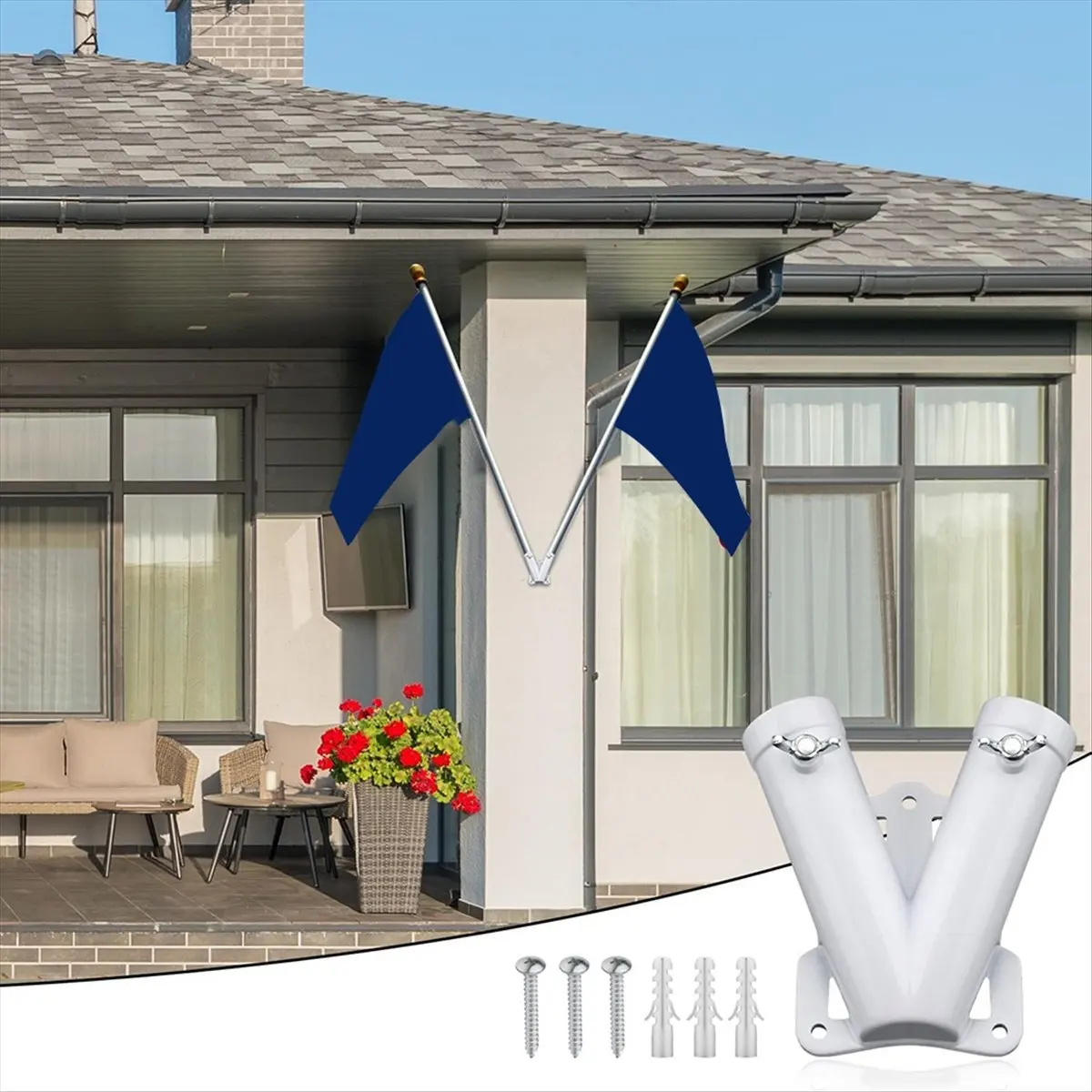 &A11I Double FlagPole Bracket Holder, V Shape Aluminum Alloy Flagpole Wall Mount Bracket Windproof Flag Bracket Mounting
