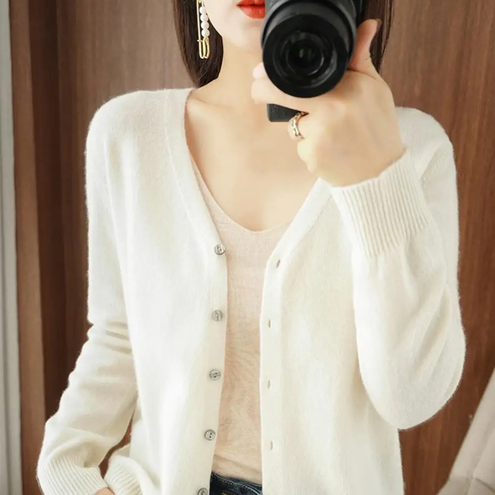 Soft Stretchy Cardigan Stylish V-neck Knitting Cardigan with Ribbed Cuffs for Women Solid Color Long Sleeve Sweater for Spring