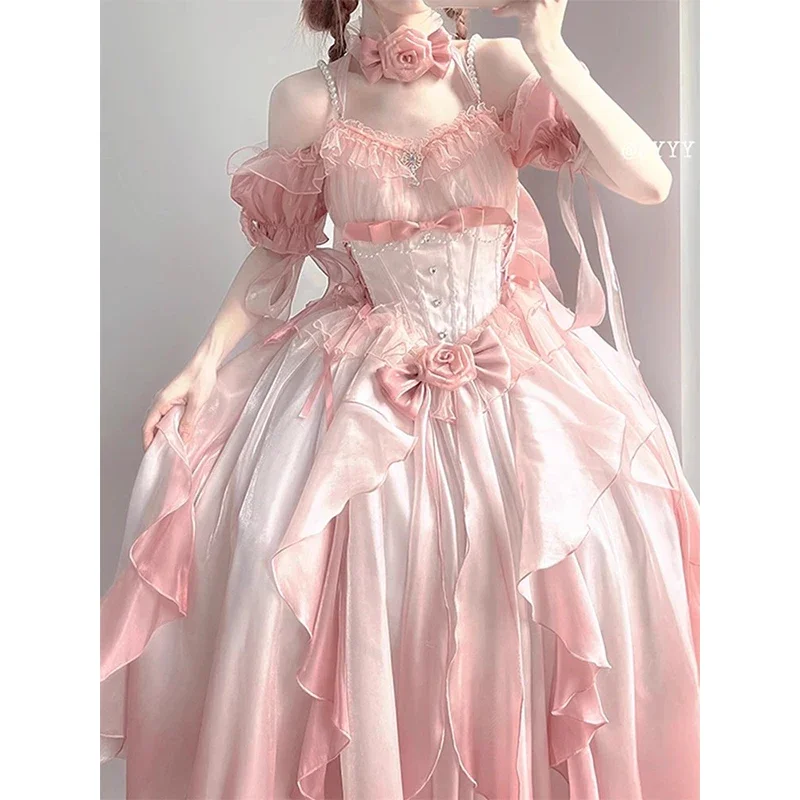 Women's Lolita Pink Dress Pearl Suspender Bow with Long Trailing Heavy Industry Off-Shoulder Long Princess Dress Wedding Dress