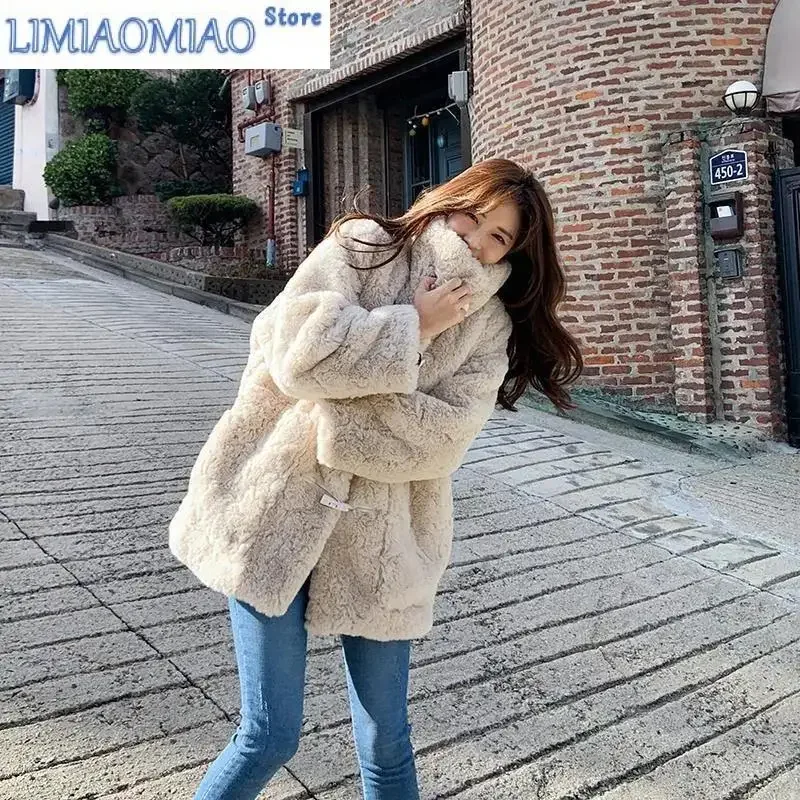 New Autumn Winter All-match Lamb Velvet Thickened Fur Coat Imitation Sable Rabbit Fur Languid Wind Horn Buckle Furry Coat